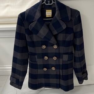 Fossil Dark Blue and Brown Plaid Pea Coat